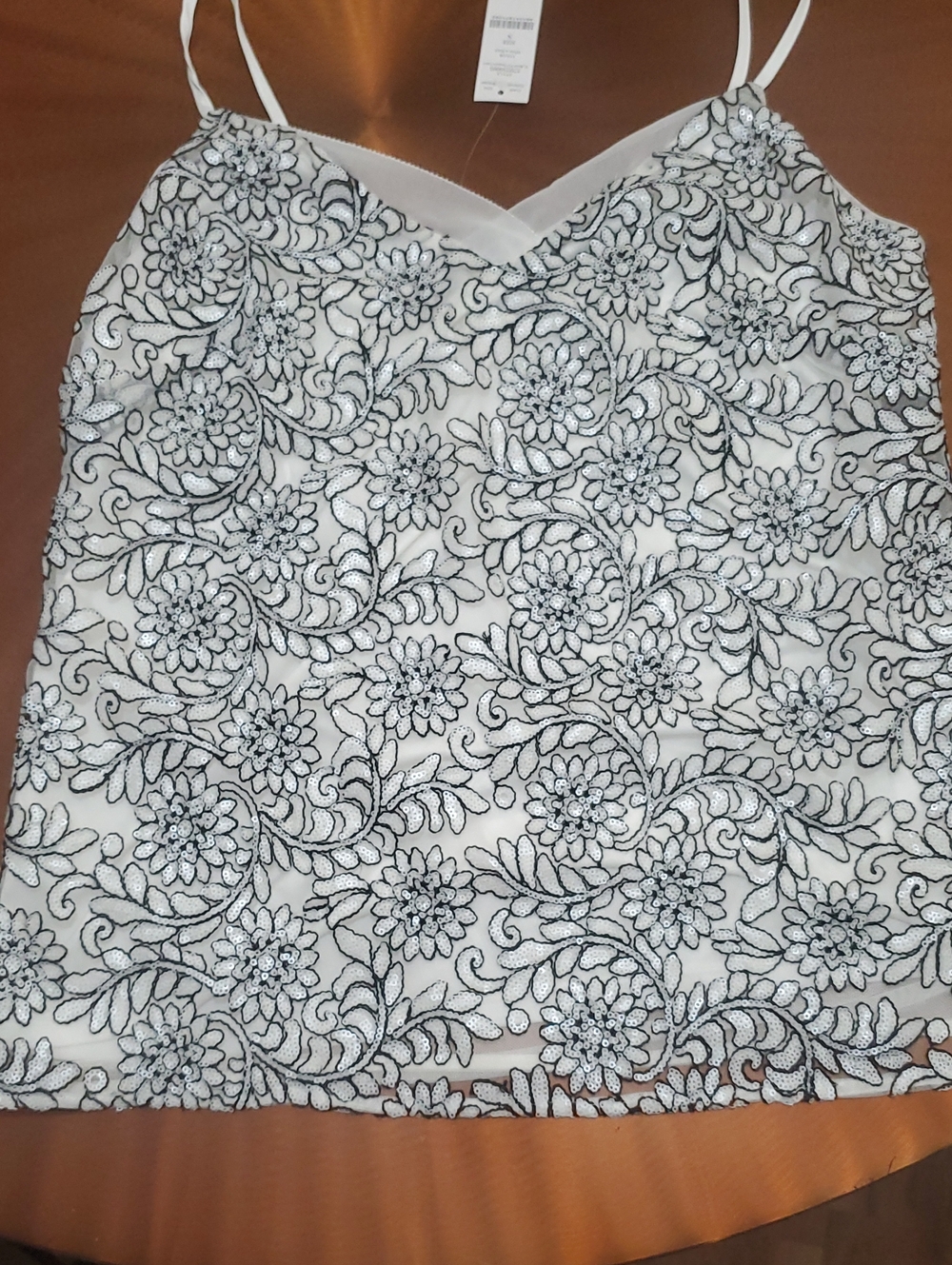 White House Black Market White Cami with Black Floral Lace Overlay Cute